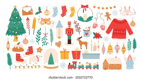 Christmas stickers. Winter holiday decorations, xmas tree, gift boxes, baubles, masks, candles and gingerbread man. New Year flat vector set. Illustration gingerbread and gift design, decoration xmas