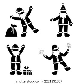 Christmas stickman Santa Claus vector set. Waving ho ho ho, holding New Year tree and presents bag icon stickman pictogram