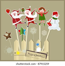 Christmas sticks with Santa, snowmen and funny girl