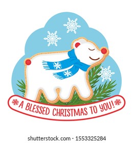CHRISTMAS STIKER WITH COOKIES POLAR BEAR, BRANCH OF A FIR AND CAPTION "A BLESSED CHRISTMAS TO YOU!"
