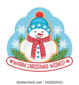 CHRISTMAS STIKER WITH COOKIES SNOWMAN, BRANCH OF A FIR AND CAPTION "WARM CHRISTMAS WISHES!"