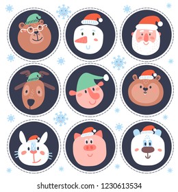 Christmas stikers with funny elements: snowflake, snowman, santa, dear, elf, pig, hamster, rabbit. Can be used for birthday party, New Year sticker, avatar, tag, cupcake toppers, clothes