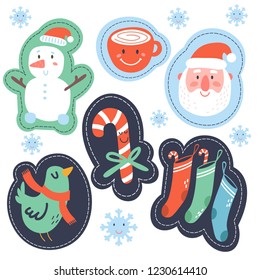 Christmas stikers with funny elements: snowflake, snowman, santa, socks, candy, coffee cup. Can be used for birthday party, New Year sticker, avatar, tag, cupcake toppers, clothes