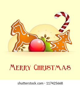 christmas still life with apples, gingerbread and candy cane, vector illustration, eps 10, contains gradients and transparency