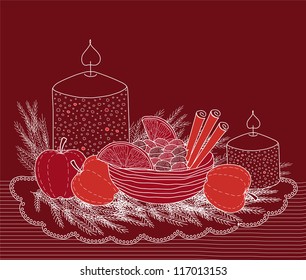 Christmas still life with candles, apples, cinnamon sticks and walnuts in a bowl on purple background - vector illustration