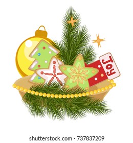 Christmas still life with cookies, stars and decorations. Vector illustration.