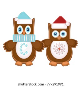 Christmas still life with couple of owl-cookies. Vector illustration.