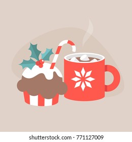Christmas still life: a cup of hot chocolate with marshmallows and chocolate cupcake decorated with holly berries and candy cane. Flat editable vector illustration, clip art