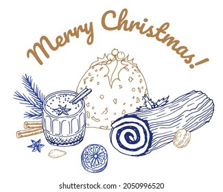 Christmas still life with fir-tree branches, eggnog, xmas pudding and log. Blue and gold Christmas decorative elements. Vector illustration for Christmas card, poster, invitation, banner design.