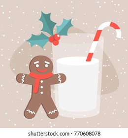 Christmas still life: a gingerbread man and a glass of milk with a candy cane / flat editable vector illustration, clip art