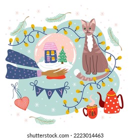 Christmas still life, preparing for the holiday. Cute composition with Winter holiday decorations. Human hands with snowball, cat, lights, crockery. Vector illustration for cards, posters, design.
