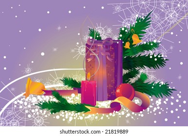 christmas still life with a present, candle, bells and snowflakes