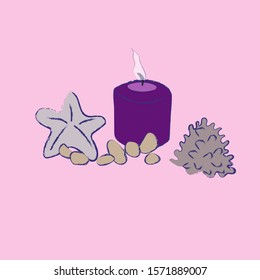 Christmas still life with purple candle starfish and silver cone