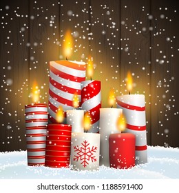Christmas still-life with group of candles in snow on dark brown wooden background, vector illustration, eps 10 with transparency