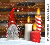 Christmas still-life with group of white and red candles and traditional scandinavian Christmas dwarf Tomte on brown wooden parquet background, vector illustration, eps 10 with transparency