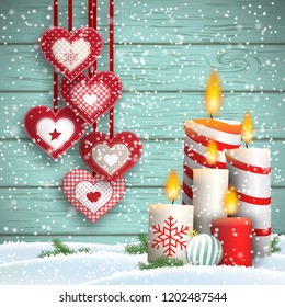 Christmas still-life with hanging hearts and group of five decorative on blue wooden background, vector illustration, eps 10 with transparency