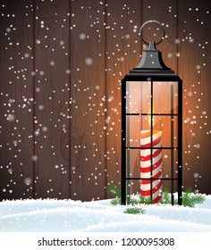 Christmas still-life with old black lantern on dark brown wooden background, vector illustration, eps 10 with transparency