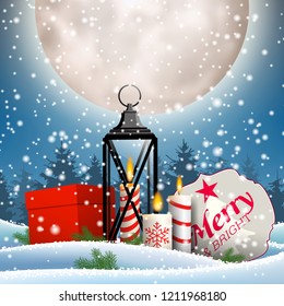 Christmas still-life, old lantern, candles, red gift box and sign with text Merry Christmas in snowy landscape with big shinny moon on dark sky, vector illustration, eps 10 with transparency and