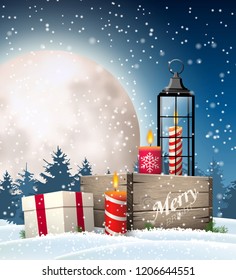 Christmas still-life, rustic wooden box, old lantern, candles, gift box in snowy landscape with big shinny moon on dark sky, vector illustration, eps 10 with transparency and gradient meshes