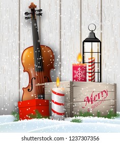 Christmas still-life, violin, rustic wooden box, old lantern, candles and gift box on white wooden background, vector illustration, eps 10 with transparency and gradient meshes