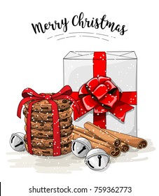 Christmas still-life, white gift box with big red ribbon, stack of brown cookies, cinnamon and jingle bells, with text Merry Christmas, vector illustration, eps 10 with transparency