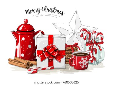 Christmas still-life, white gift box wit red ribbon, red tea pot, cookies, glass jar with candy canes, cinnamon sticks and cup of coffee on white background, vector illustration, eps 10 wit