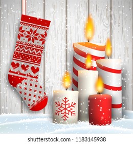 Christmas still-life with white and red candles and knitted stocking on gray wooden background, vector illustration, eps 10 with transparency