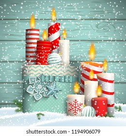 Christmas still-life with white and red candles and nice blue gift box on blue wooden background, vector illustration, eps 10 with transparency