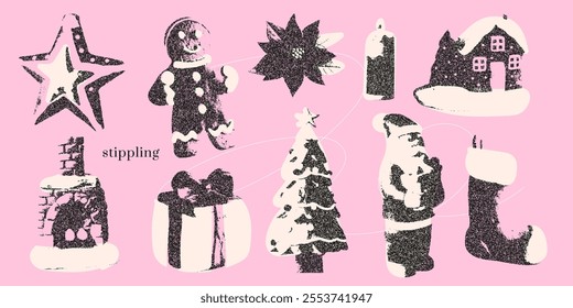 Christmas stippling elements set with gift box, xmas tree, stocking, gingerbread, star, candle. Design with retro aesthetic, photocopy effects for grunge punk grain dotted collage art design. Vector