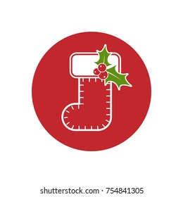 Christmas stitched stocking with holy berry in red circle. red sock with white seam flat icon. Holiday collection button. Patch pictogram isolated on white background. Vector illustration. 
