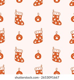 Christmas Stocking and Baubles Seamless Pattern Minimalist playful Holiday background for pets with paw print and hanging celebration decoration. Cat and Dog Repeat vector illustration in doodle style
