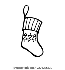 Christmas stocking black and white outline vector drawing. Doodle style hand drawn illustration. 