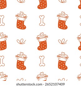 Christmas Stocking with Bone Seamless Pattern. Doodle Dog background with hand drawn red sock filled with food. Pet present gift surprise. Repeat vector illustration