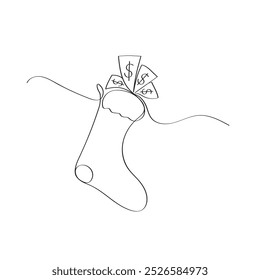 Christmas stocking or boot with money drawn by one line. Sketch. Continuous line drawing christmas surprise. Outline vector illustration.