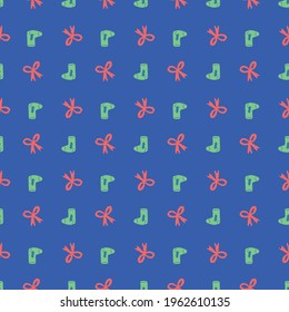 Christmas Stocking Bow Ribbon Modern Stylish Seamless Pattern. Vector illustration. Perfect for Christmas, New Year, party, winter, fashion, decoration, gift wrapping, textile design, background