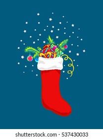 Christmas stocking bright illustration. Sock with gift boxes, Christmas tree branch, decorations and ribbon. Vector design element, suitable for poster or web banner
