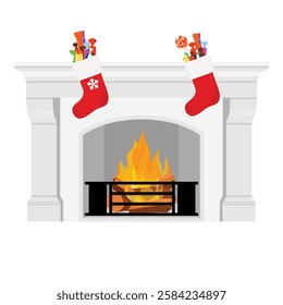 Christmas stocking with candies and sweets on fireplace isolated on white background. Vector