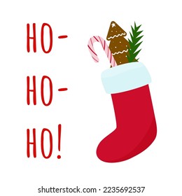 Christmas stocking with candy cane, gingerbread tree and text. Holiday greeting card, invitation, banner. Flat vector illustration