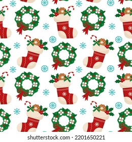 Christmas stocking with candy, snowflakes and festive decorations. Seamless pattern. Can be used for web page background fill, surface texture