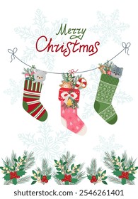 Christmas stocking card. Home decoration for family holiday. Merry Christmas. New Year socks vector illustration.