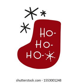 Christmas stocking clipart with a short quote. Santa Claus ho-ho-ho words and snowflakes design for iron on, last minute gift.