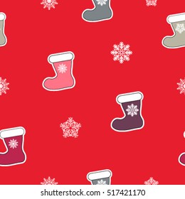 Christmas stocking in color with snowflakes. Seamless pattern. Red background.