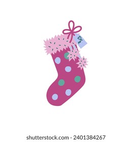 Christmas stocking. A colorful flat illustration of a polka dot red sock, hanging, with pink fur trimming and a note tied with ribbon. Isolated on a white background.