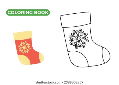 Libro de coloración de existencias de Navidad. Ilustración vectorial lineal de la decoración de año nuevo festivo. Dibujo en blanco y negro de calcetín de Navidad con copo de nieve.