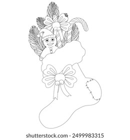Christmas stocking coloring page filled with festive items, perfect for kids and adults to enjoy holiday creativity.