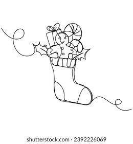 Christmas stocking in continuous one line art style. Simple vector illustration