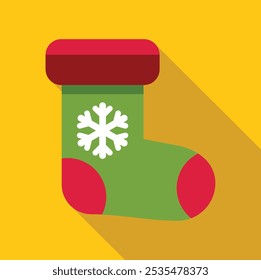 Christmas stocking decorated with white snowflake hanging on yellow background, holiday symbol