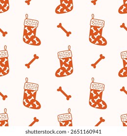 Christmas Stocking with Dog Bone Seamless Pattern. Celebratory Pet Holiday Background in doodle style. Whimsical drawing red socks and food. Repeat vector illustration