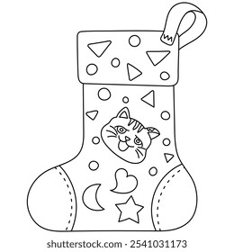 Christmas Stocking embroider with a kitten face line outline doodle hand drawn cartoon