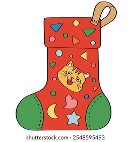 Christmas Stocking embroider with a kitten face. In style filled outline doodle hand drawn cartoon. Human-made. Not generated by AI.